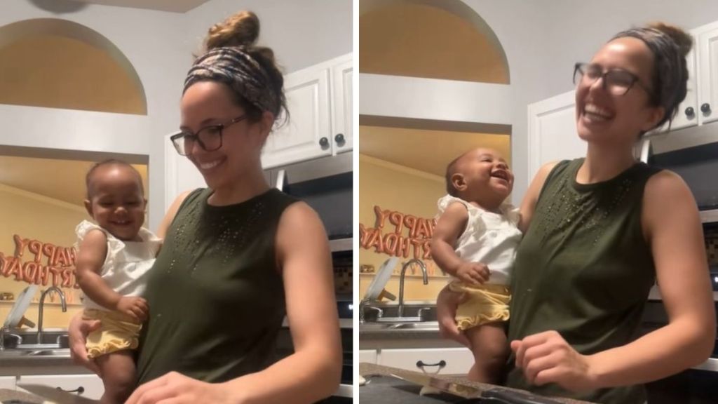 Images show a baby with the giggles as she watches her mom smash garlic.