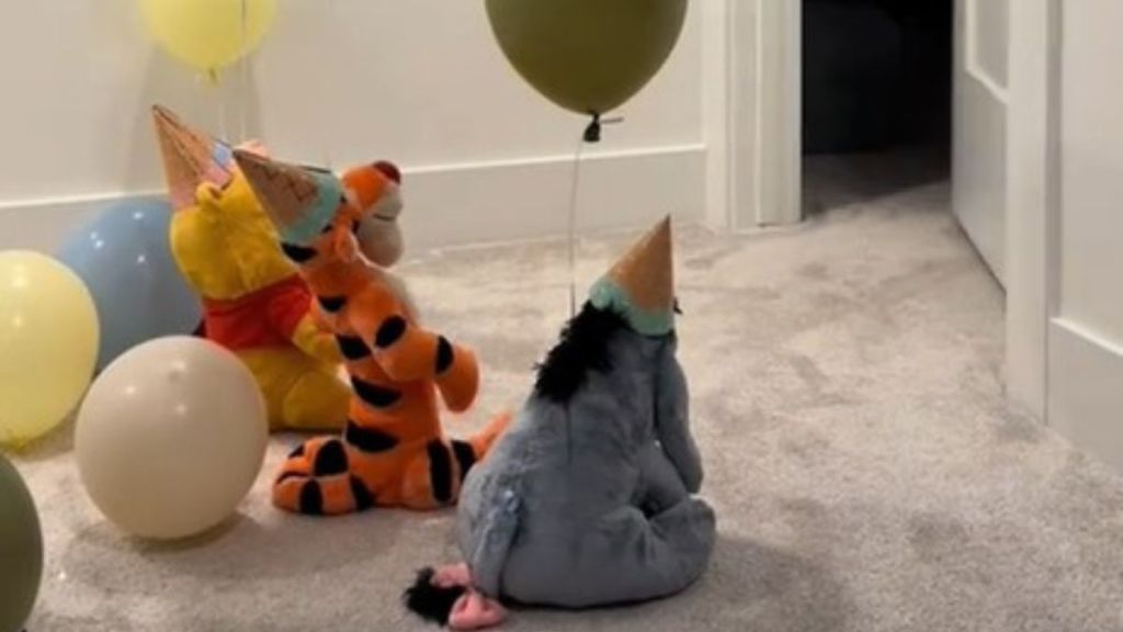 Image shows Eeyore, Tigger, and Winnie the Pooh lined up for a birthday surprise.