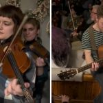 Left image shows a fiddle player in a Celtic music jam session. Right image shows a guitar player.