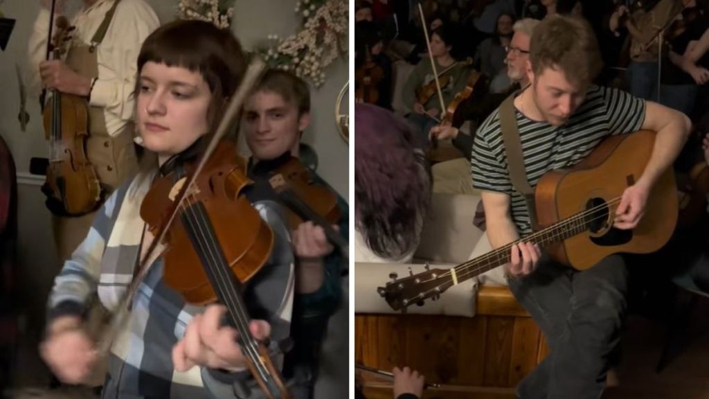 Left image shows a fiddle player in a Celtic music jam session. Right image shows a guitar player.