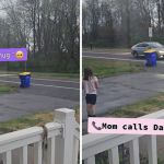 Left image shows a young girl standing in a driveway telling her mom that dad left without giving her a hug. Right image shows the same scene with the words "Mom calls Dad..."