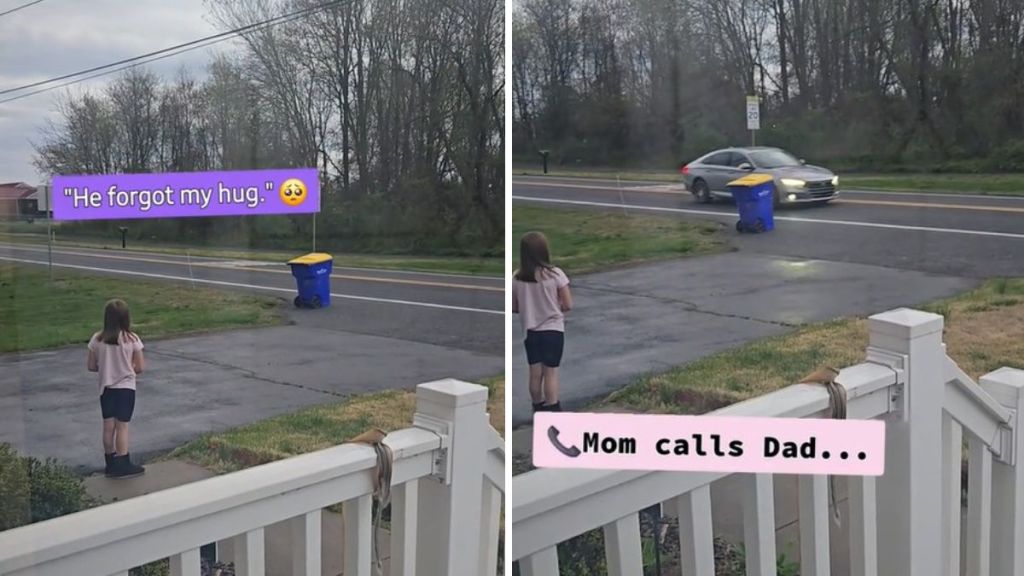 Left image shows a young girl standing in a driveway telling her mom that dad left without giving her a hug. Right image shows the same scene with the words "Mom calls Dad..."