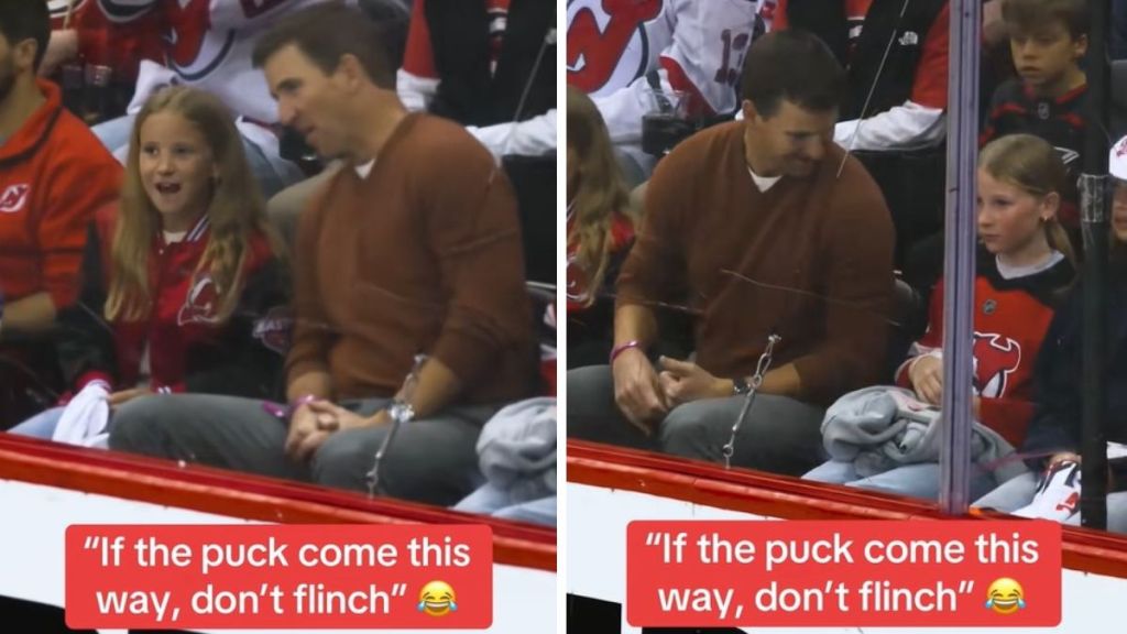 Image shows Eli Manning offering advice to his daughters at a hockey game.