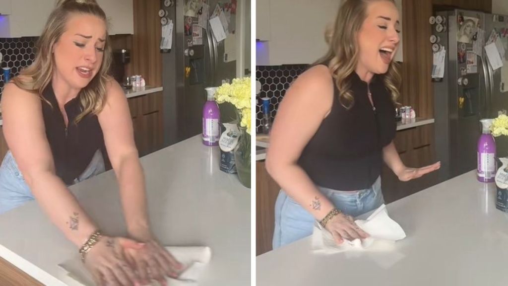 Images show professional singer Emily Senn singing during one of her kitchen concerts.