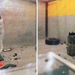 Left image shows a female ion a rage room date beating things with a baseball bat. Right image shows her date smashing things with a sledgehammer.