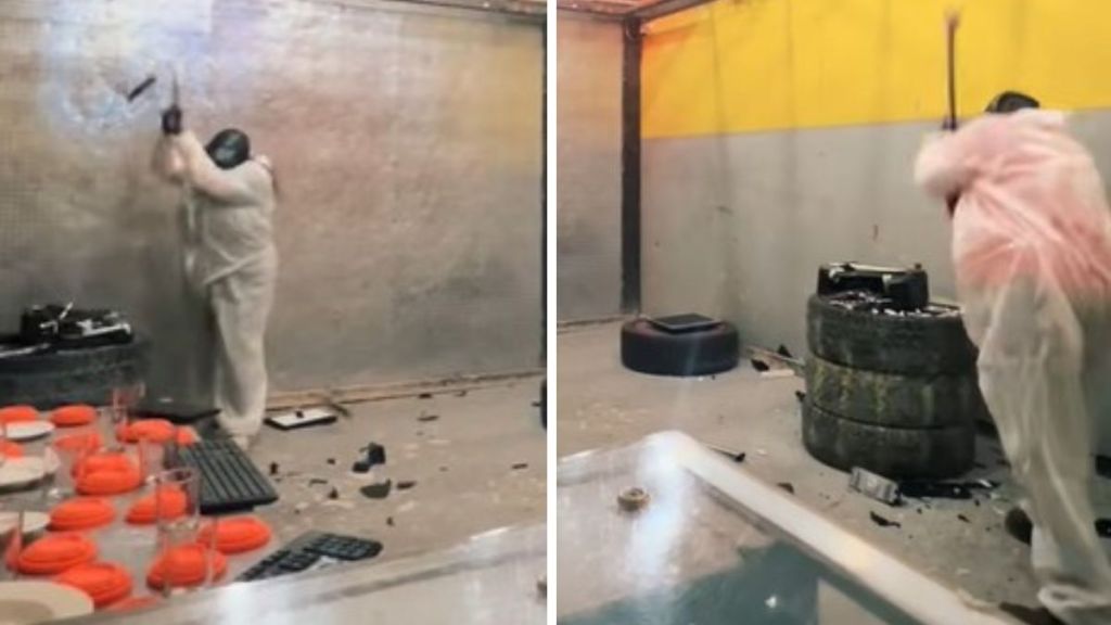 Left image shows a female ion a rage room date beating things with a baseball bat. Right image shows her date smashing things with a sledgehammer.