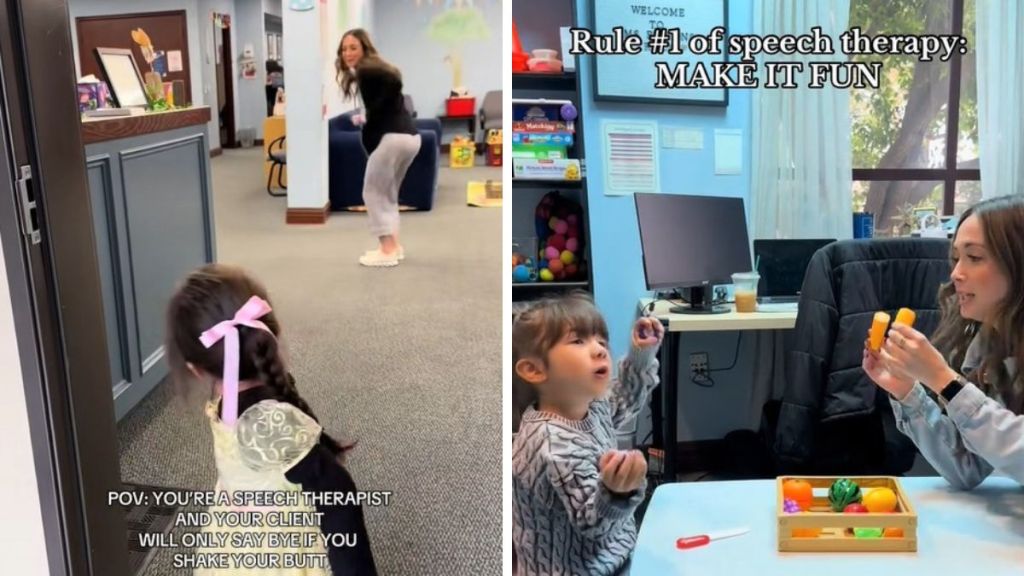 Images show a speech therapist engaging with children through play to encourage communication.