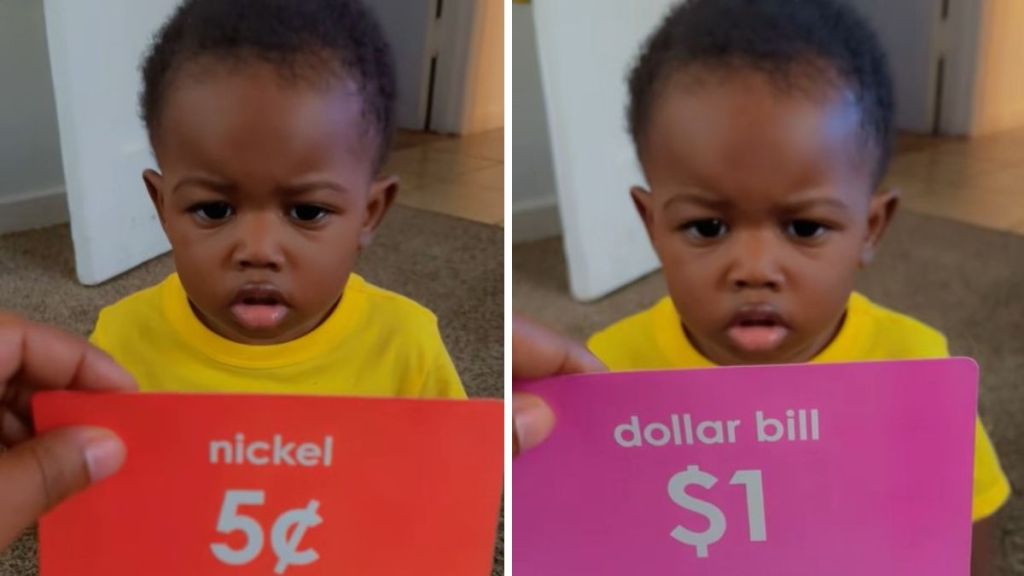 Toddler works with his mom on flashcards, sounding like an old man with his curt answers.