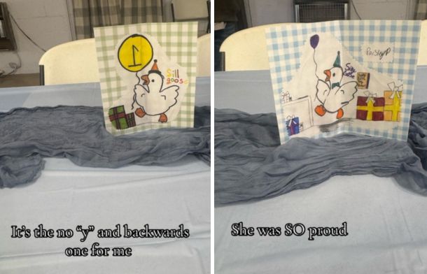 Images show silly goose drawings from Miss Glass' students.