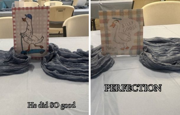 Images show silly goose drawings from Miss Glass' students.