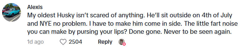 Comment from Alexis: My oldest Husky isn’t scared of anything. He’ll sit outside on 4th of July and NYE no problem. I have to make him come in side. The little fart noise you can make by pursing your lips? Done gone. Never to be seen again.
