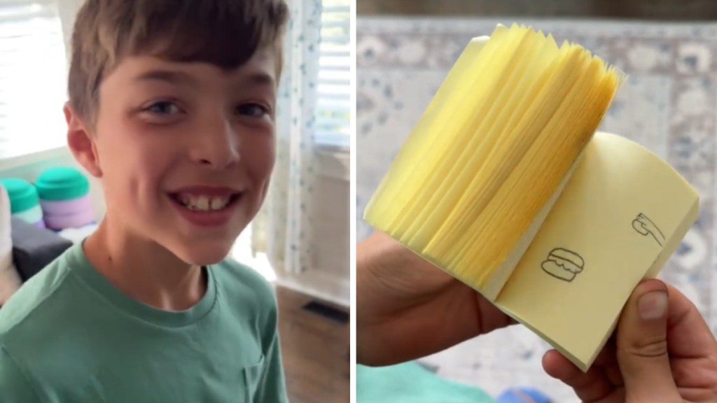 A two-photo collage. The first shows a little boy smiling wide. The second shows a close-up of him showing off his flip book. The current page shows a burger at the center and a hand that's coming into view from the right side of the paper