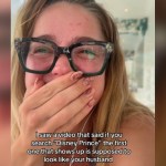 A woman looks happily surprised, covering her mouth with her hand. Text on the image reads: I saw a video that said if you search "Disney Prince" the first one that shows up is supposed to look like your husband
