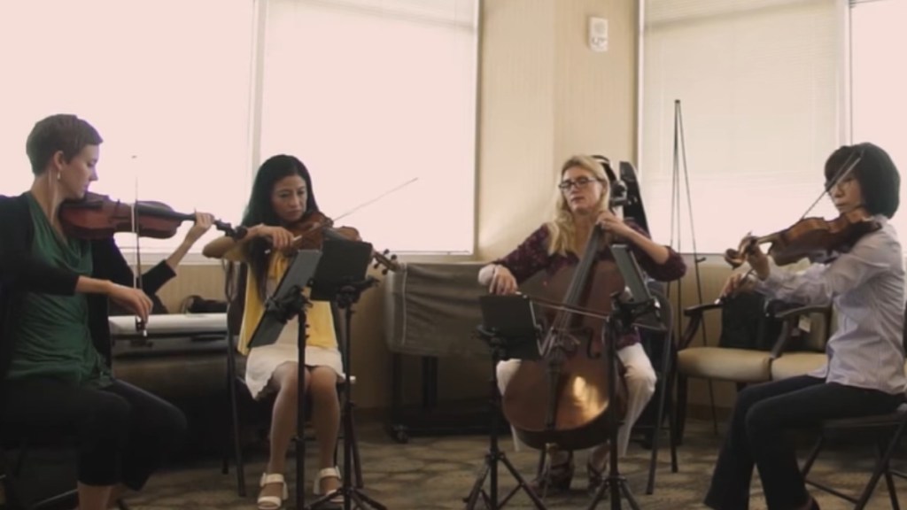 Four musicians in the Knoxville Symphony Orchestra sit as they play their instruments in a hospital