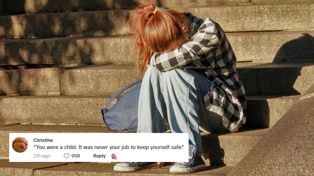 A little girl sits on stairs outside. She rests her head in her arms that are resting against her knees. She's hiding her face. A comment is edited onto the photo that reads: “You were a child. It was never your job to keep yourself safe”