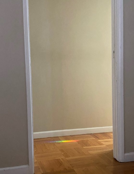 View of an empty hallway just outside of a room in a home. A vivid rainbow spot is on the floor in the hallway