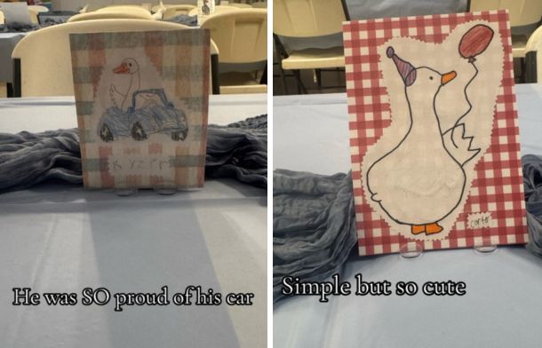 Left image shows a silly goose driving a car. Right image shows a goose holding a football-shaped balloon and wearing a party hat.